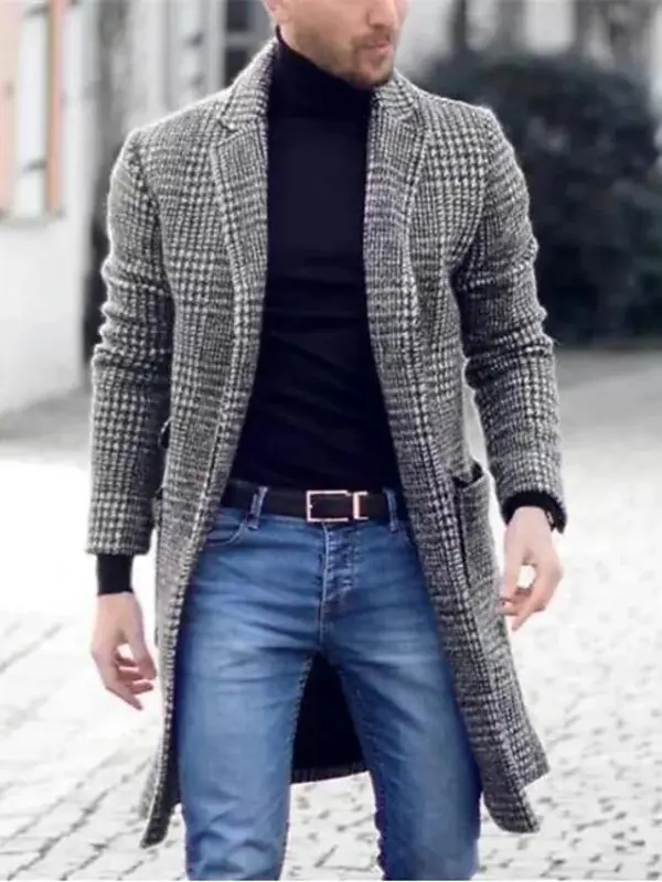 Men's Winter Coat Overcoat Business Casual Fall Winter Polyester Outerwear Clothing Apparel Houndstooth Notch lapel collar Open Front