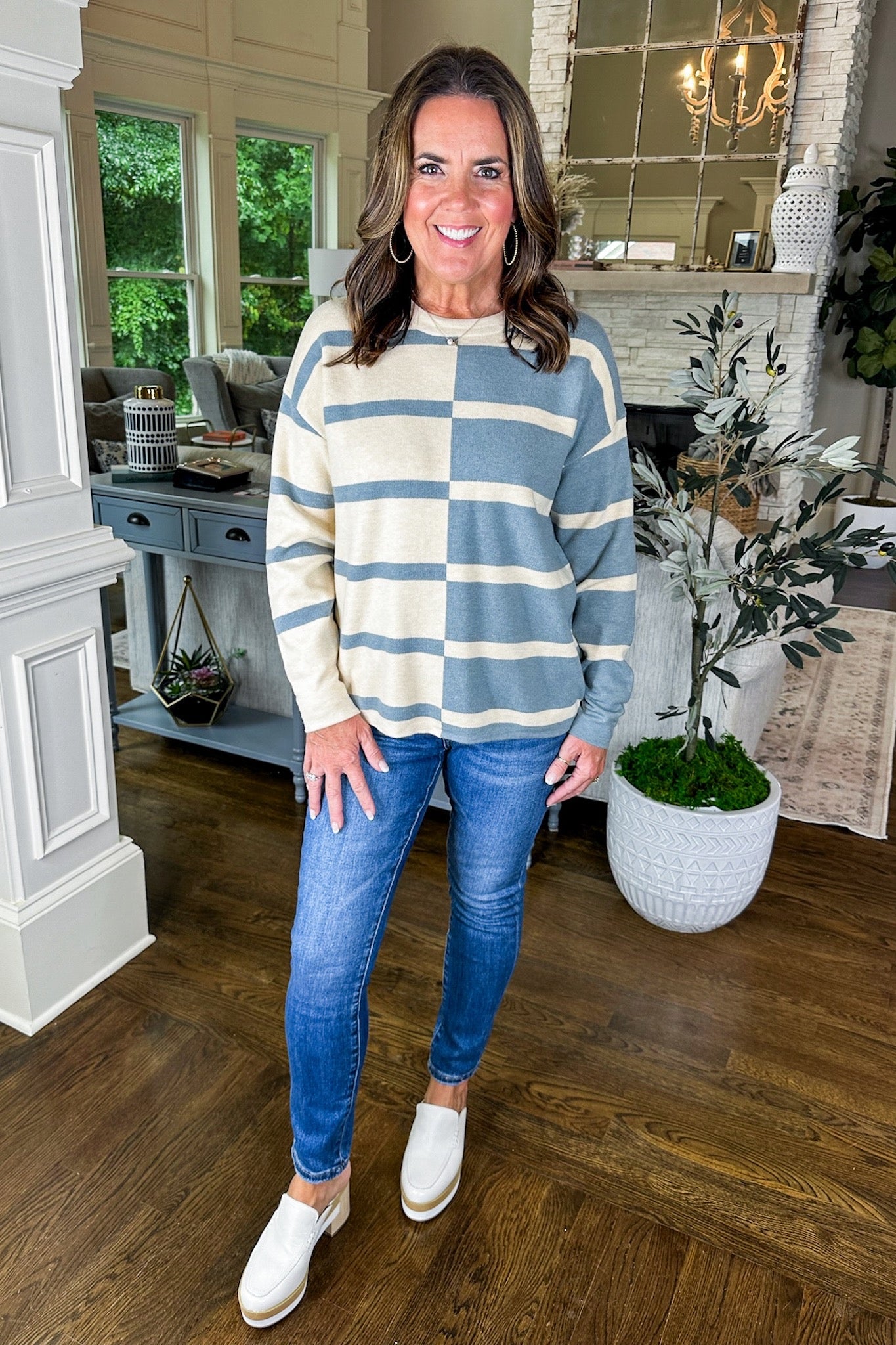 Blue Color Block Stripe Cozy Sweater