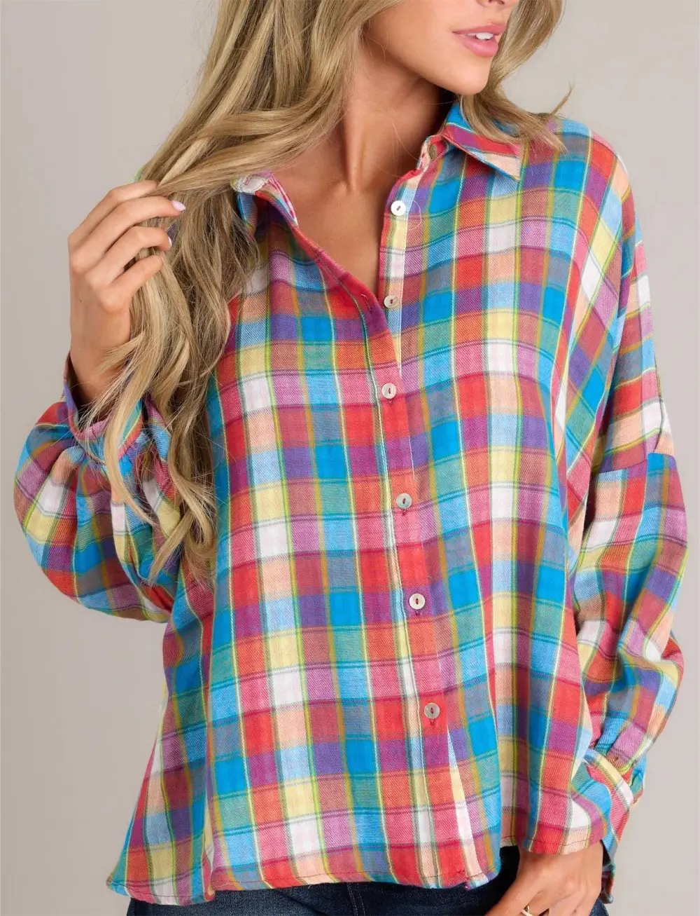 DOESN'T ADD UP BLUE MULTI PLAID TOP