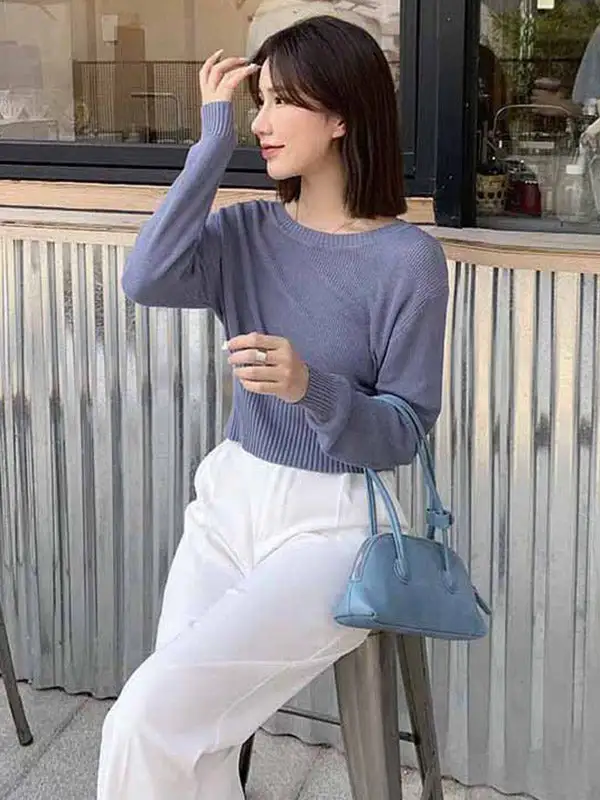 Simple Solid Color Round-Neck Long Sleeves Knitwear