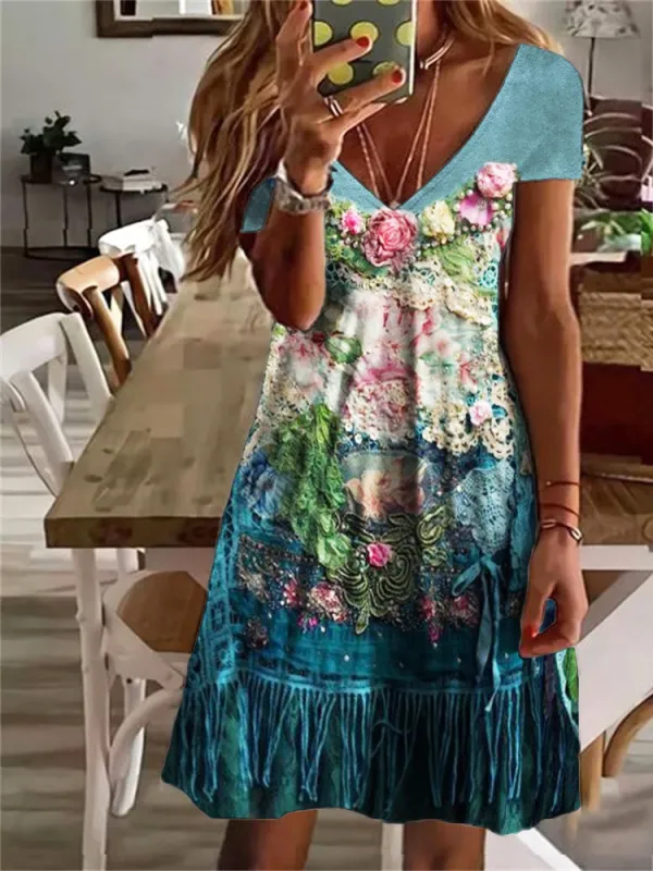 Vintage Lace Floral Fringe Mini Dress