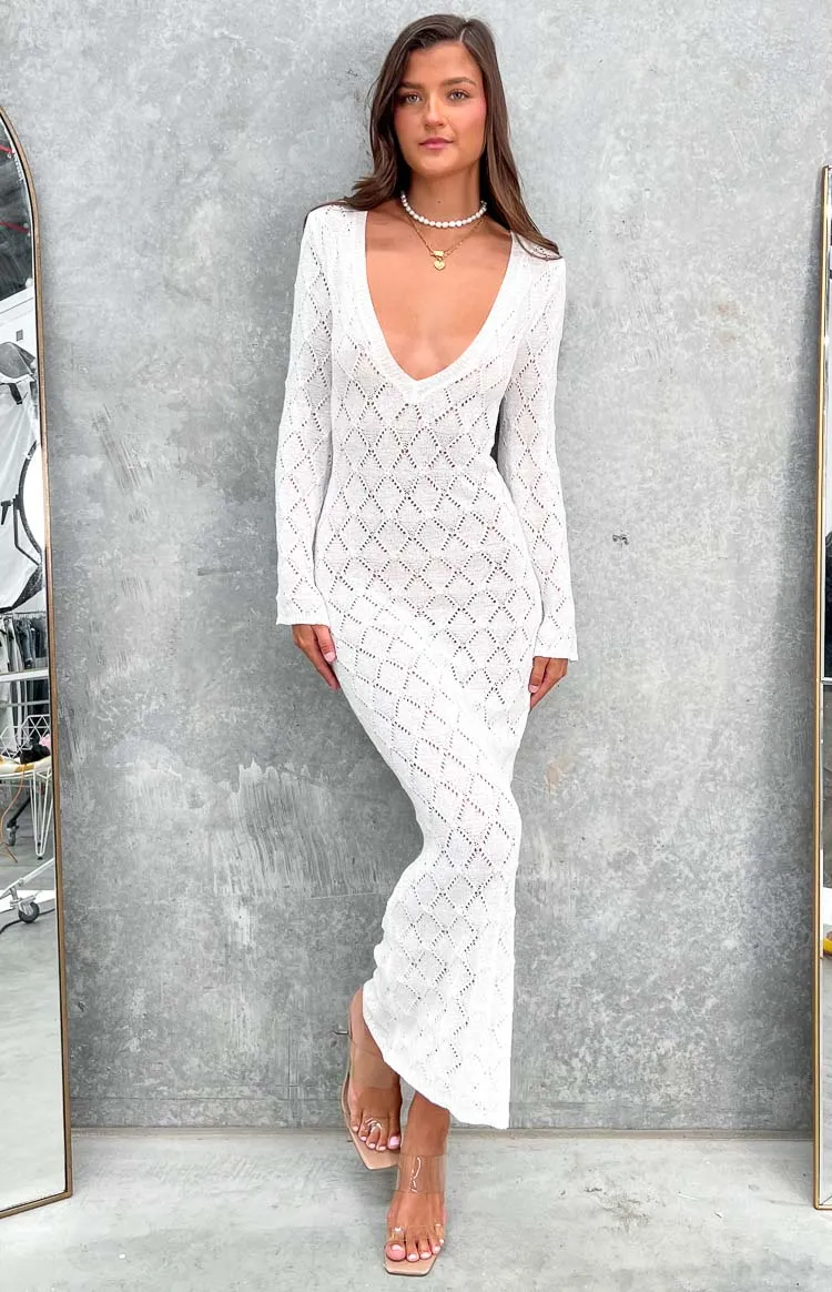 Drea White Backless Knit Maxi Dress