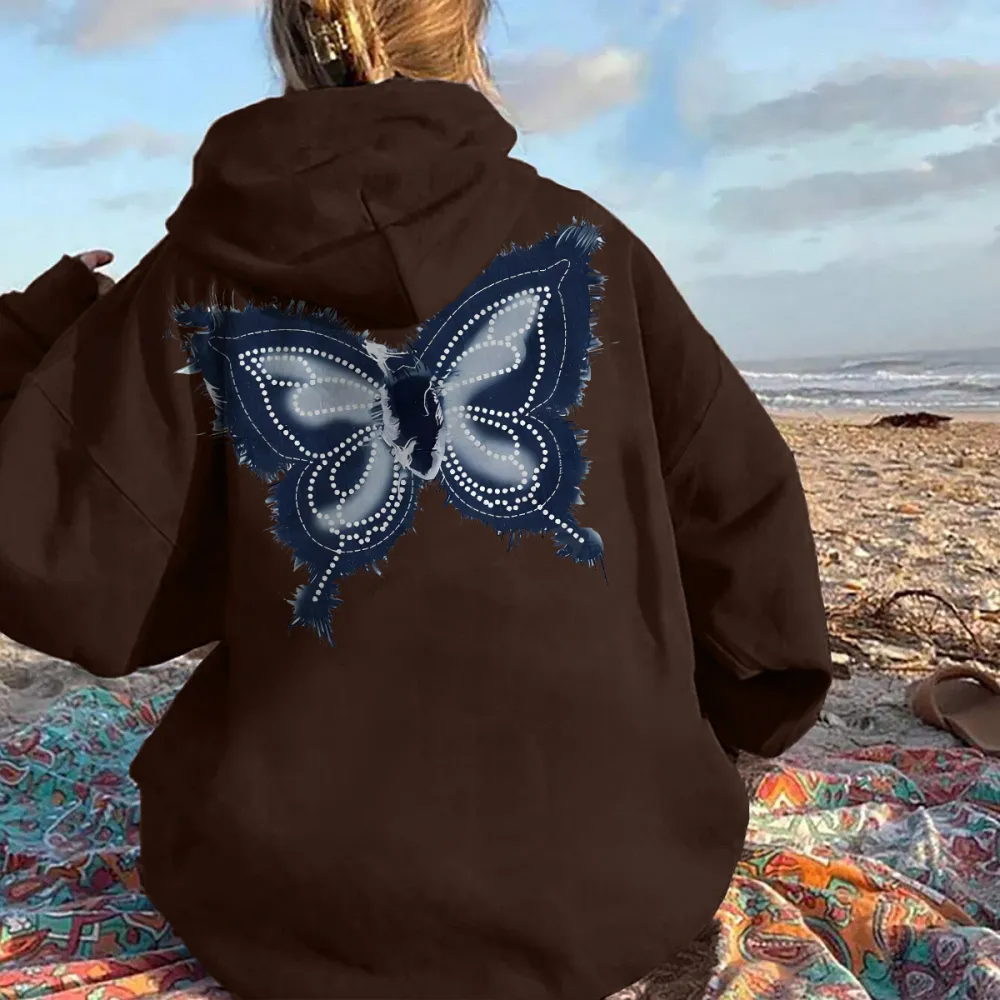 Denim texture butterfly print pattern women's fashion hoodie