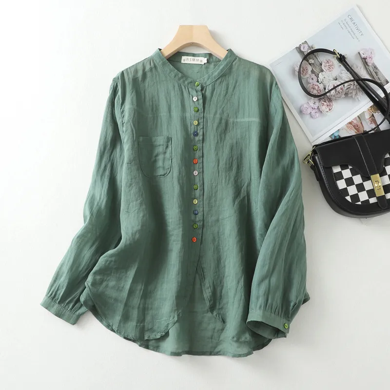 Art retro cotton linen color button irregular shirt