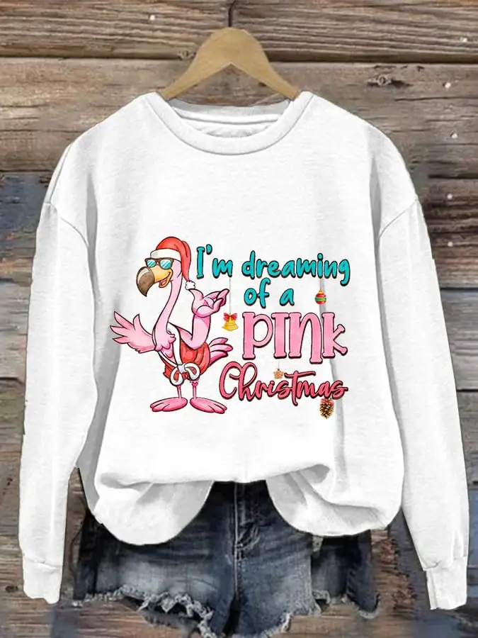 Women's I‘m Dreaming of a Pink Christmas Flamingo Print Casual Sweatshirt