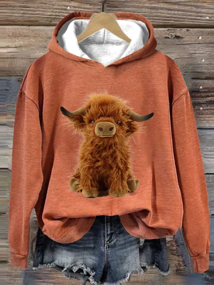 Women's Felt Highland Cow Print Vintage Hoodie