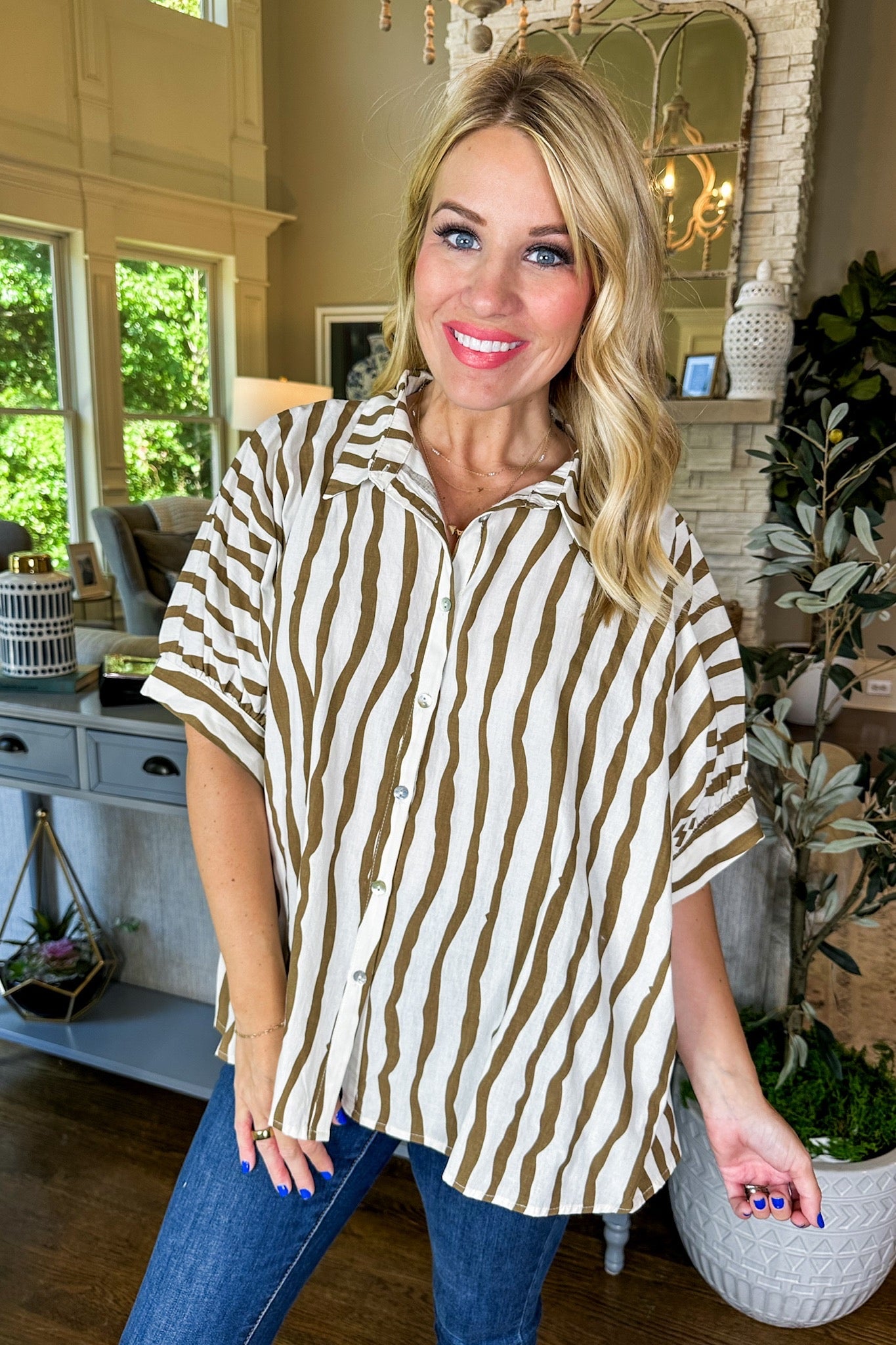 Collared Brown Abstract Striped Button Down Poncho Top