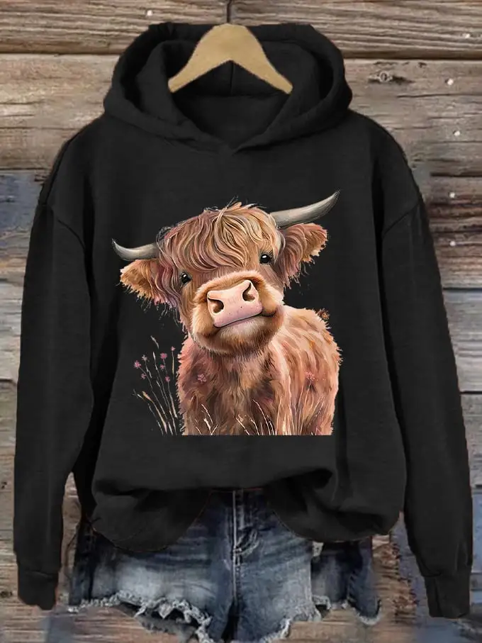 🔥Buy 3 Get 10% Off🔥🔥Buy 3 Get 10% Off🔥Women's Western F Highland Cow Printed Hooded Sweatshirt