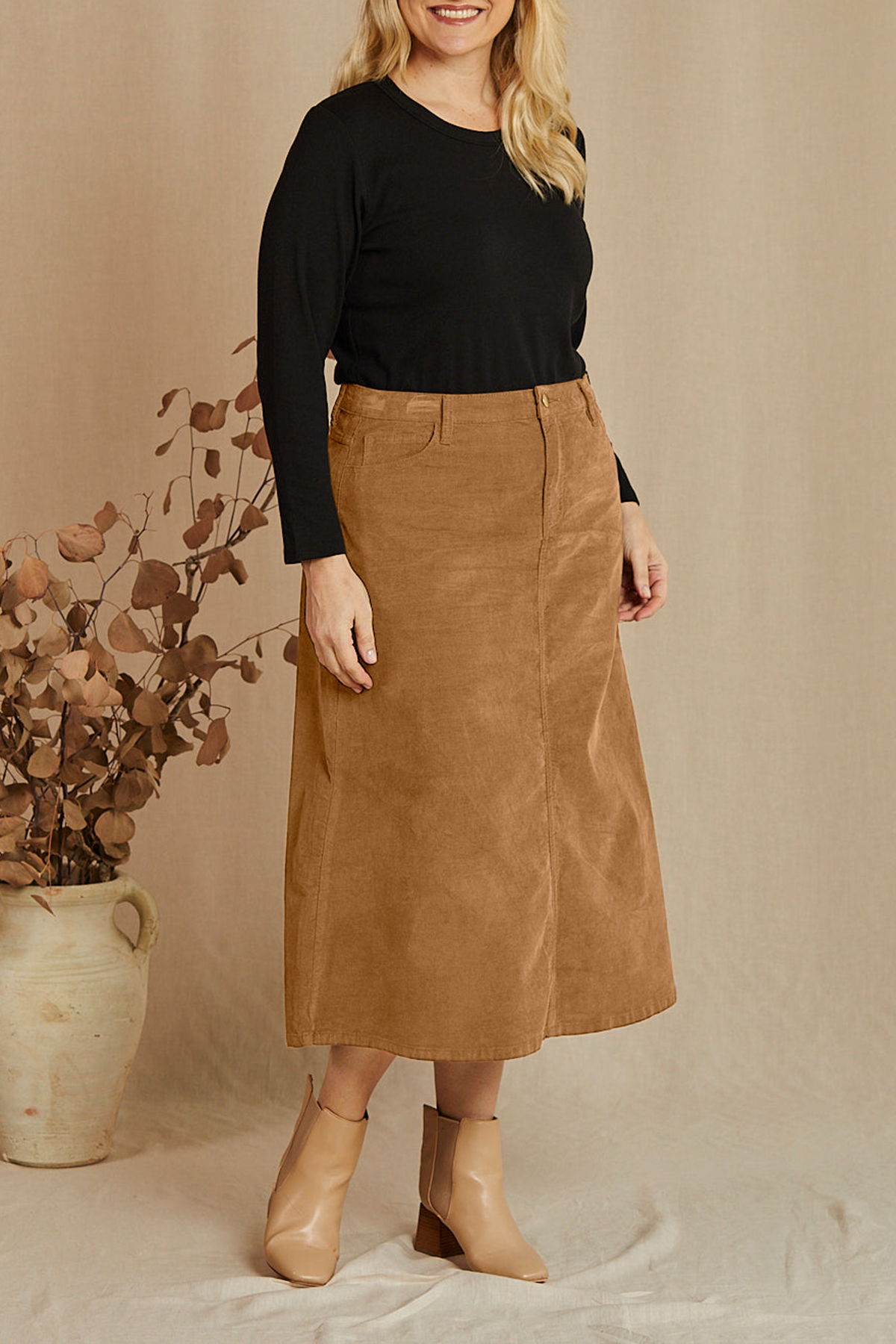 Adrift A-Line Brushed Cotton Skirt in Camel