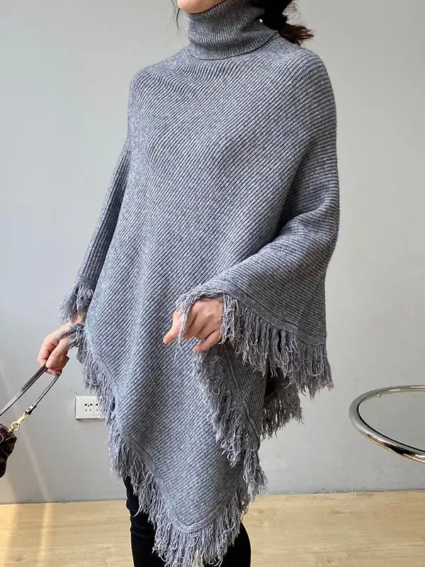 Casual Loose Tasseled Solid Color High-Neck Sweater Tops