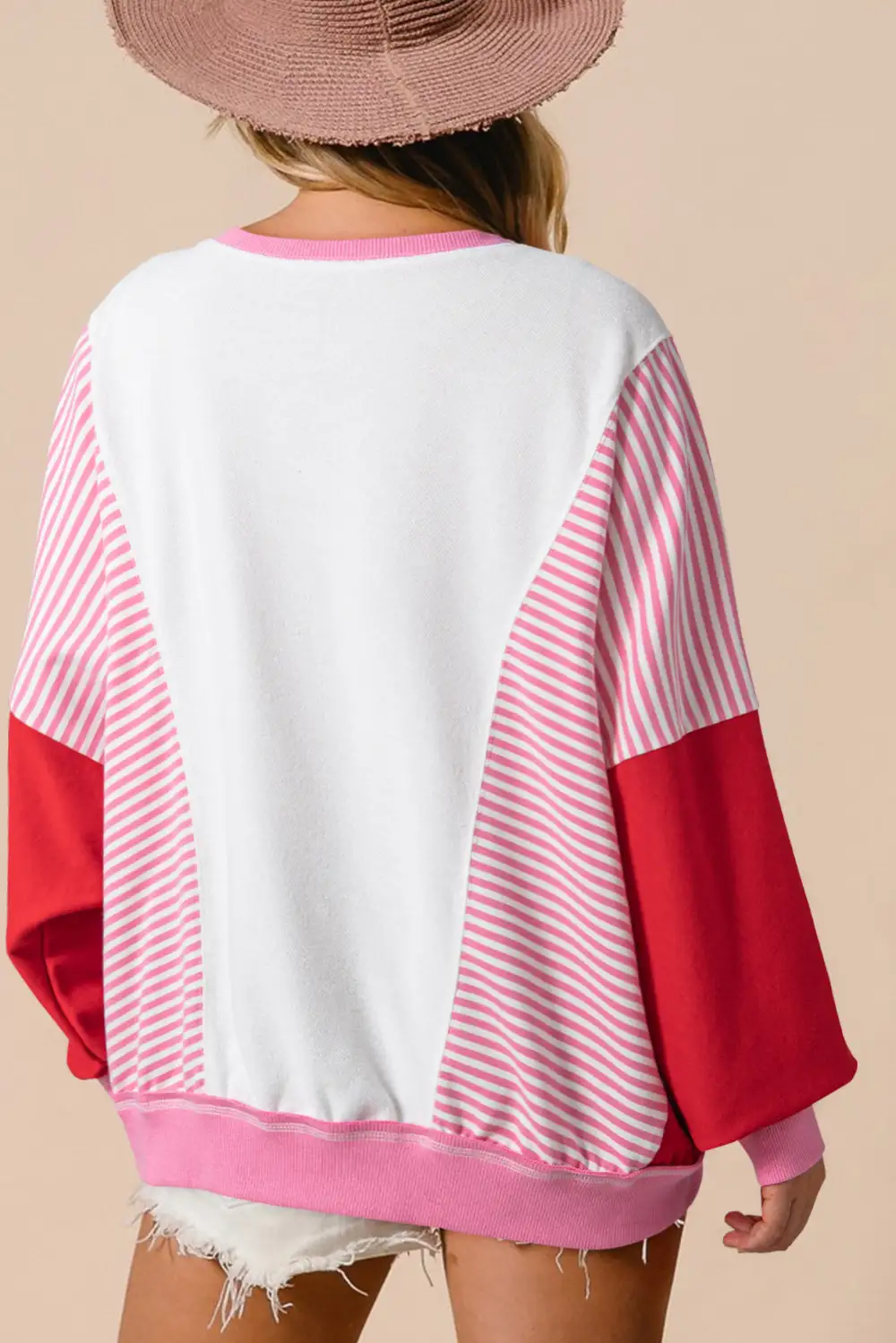 Rose Red Striped Patchwork Side Pocket Loose Sweatshirt