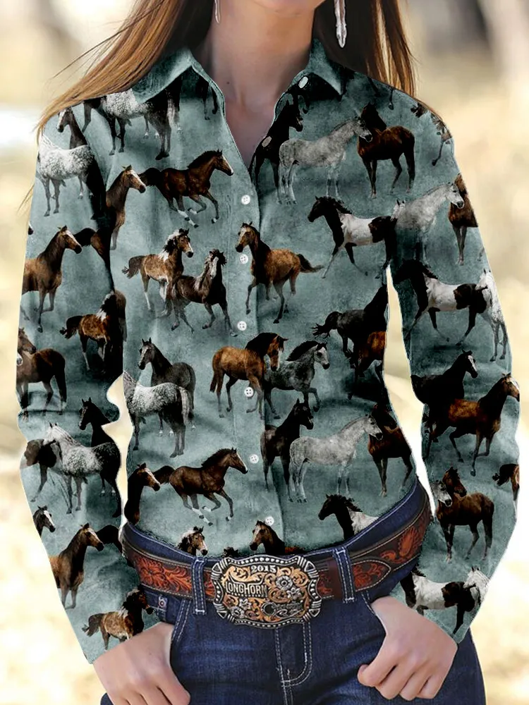 Western Wild Horses Pattern Long Sleeve Cozy Blouse