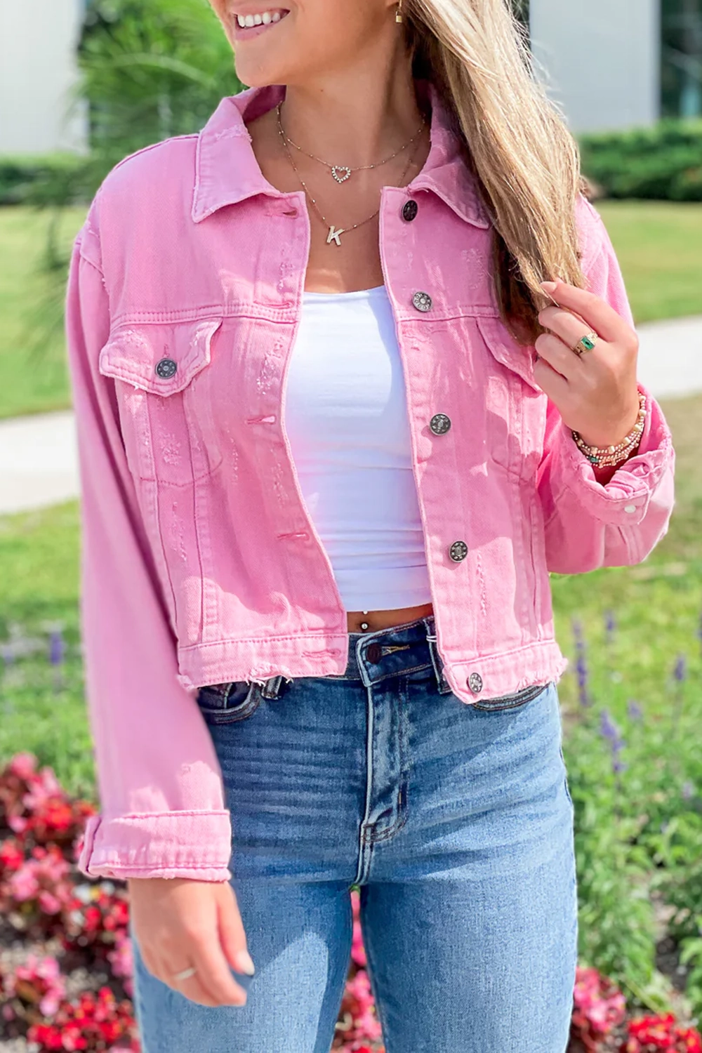 Short pink denim button jacket