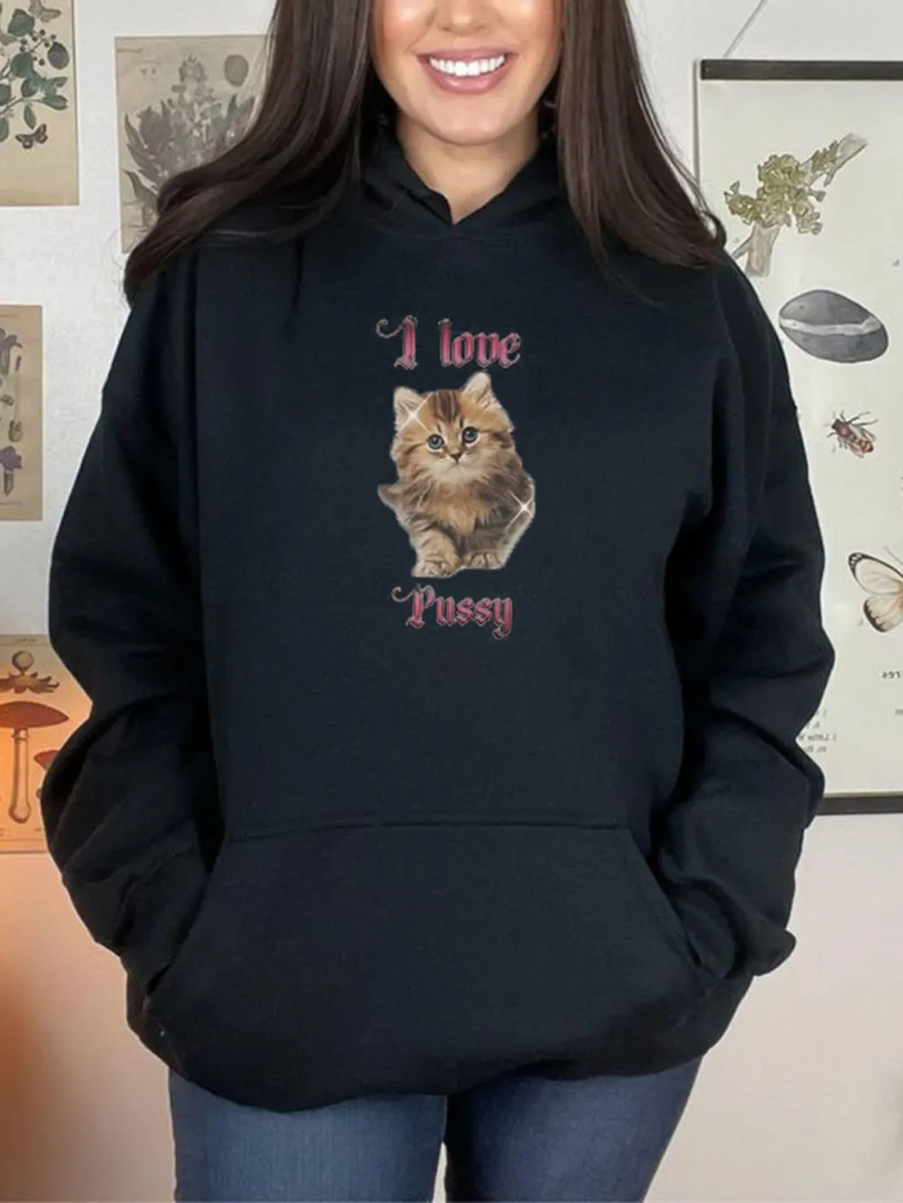 I Love Cats Pattern Printed Hoodie