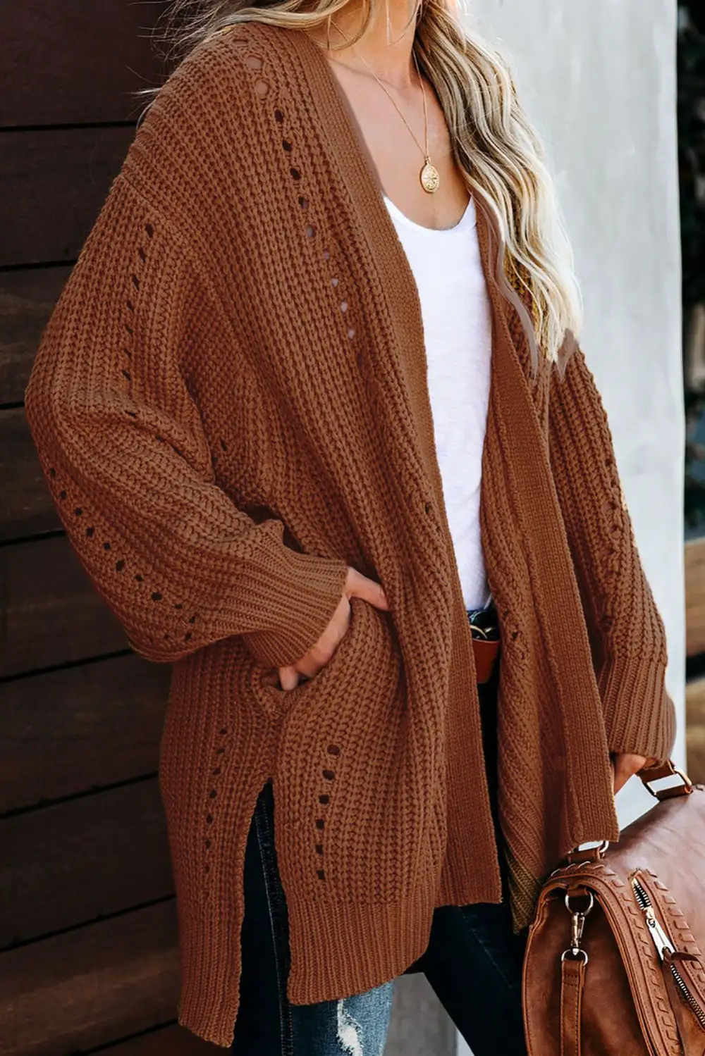 Drop Sleeve Cable Knit Cardigan With Slits