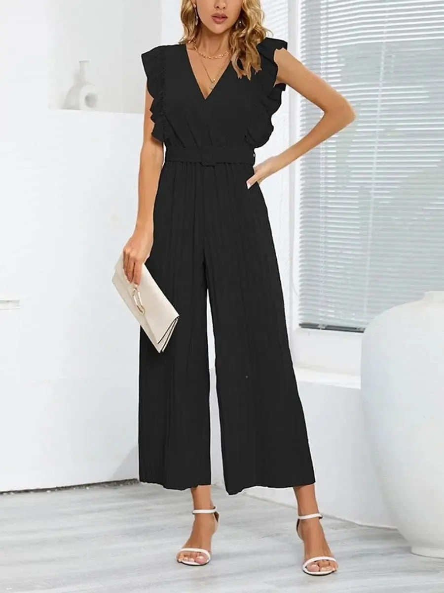 Women's elegant V-neck ruffled waist slimming romper