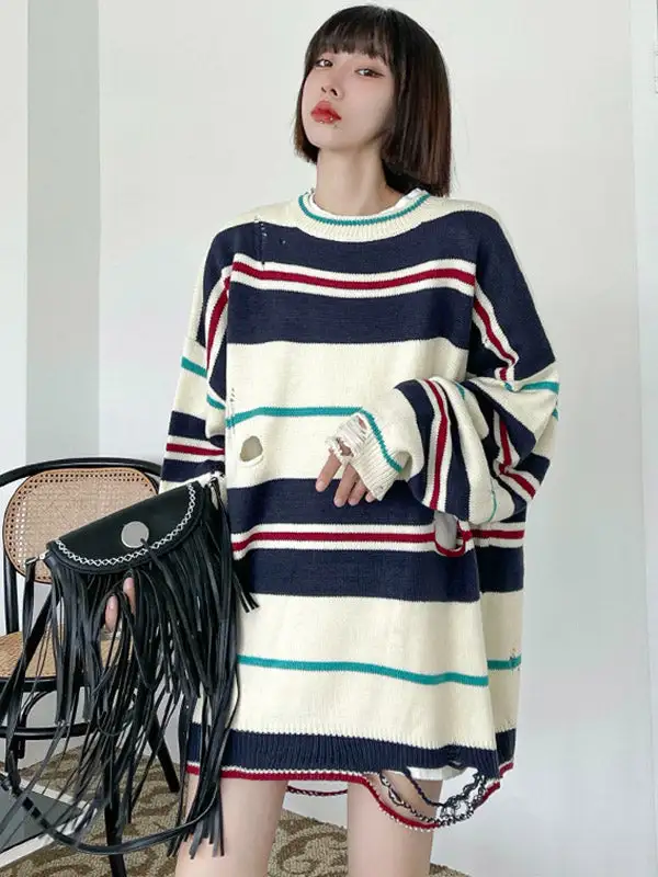 Original Stylish Loose Striped Hole Round-Neck Long Sleeves Knitted Sweater Tops