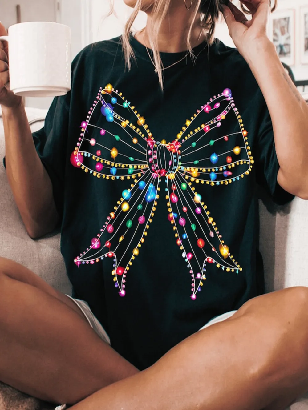 Neon bows for Christmas Women's fashion crew neck short sleeve T-shirt