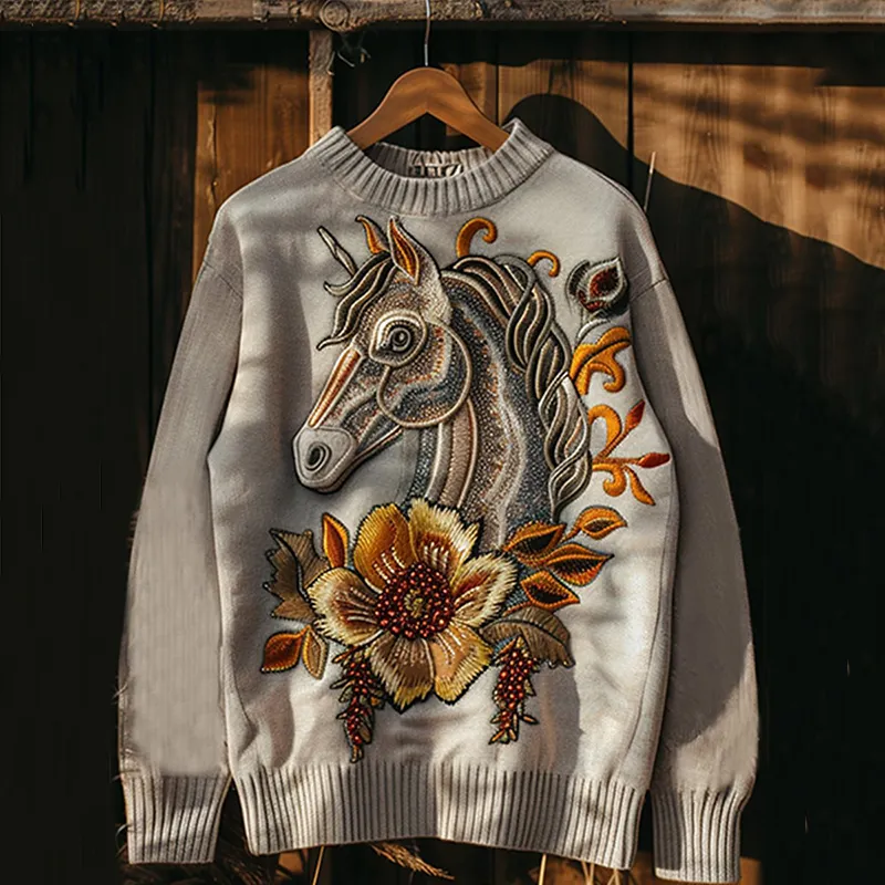 Western Horse Print Round Neck Casual Sweatshirt