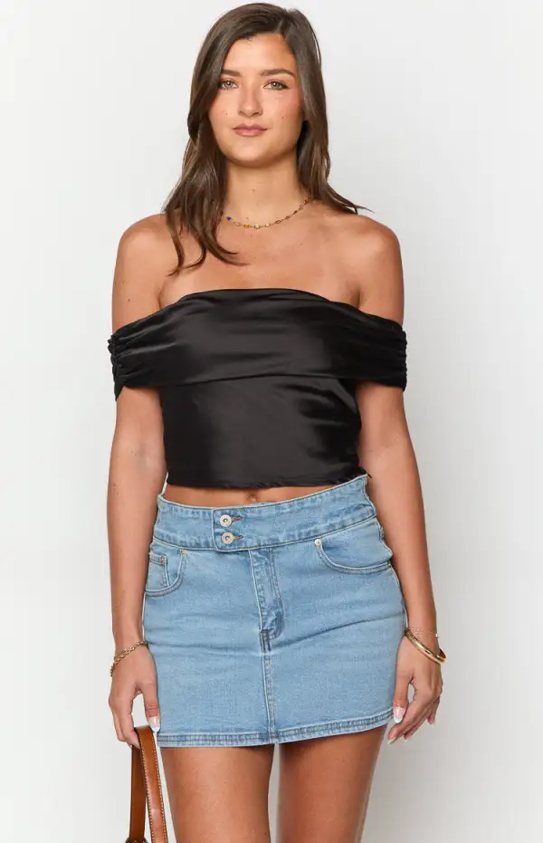 Primrose Black Satin Off the Shoulder Crop Top