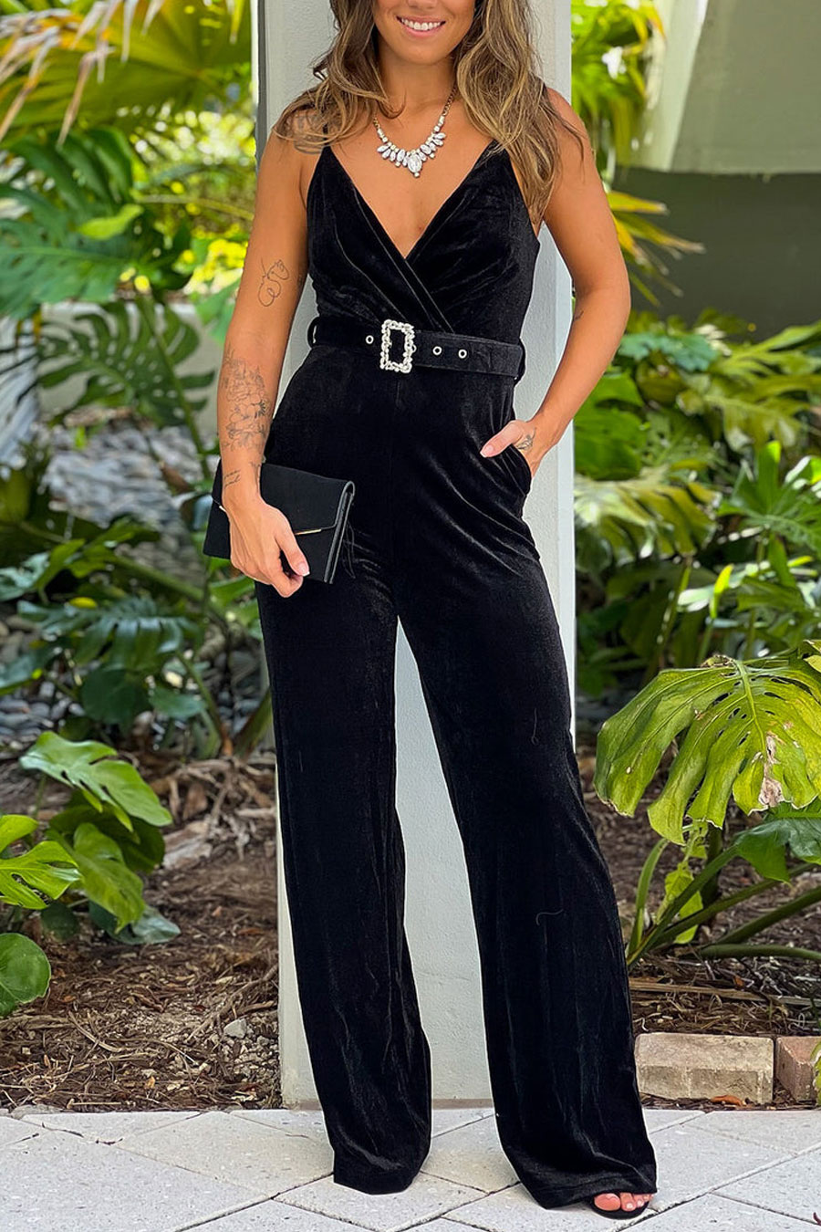 Black Velvet Jumpsuit With Rhinestone Belt