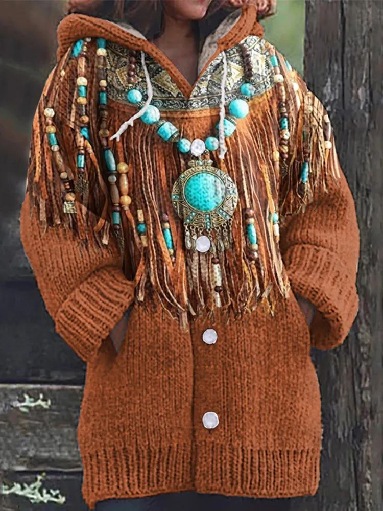 Western Tribal Tassels Printed Art Cozy Hooded Cardigan