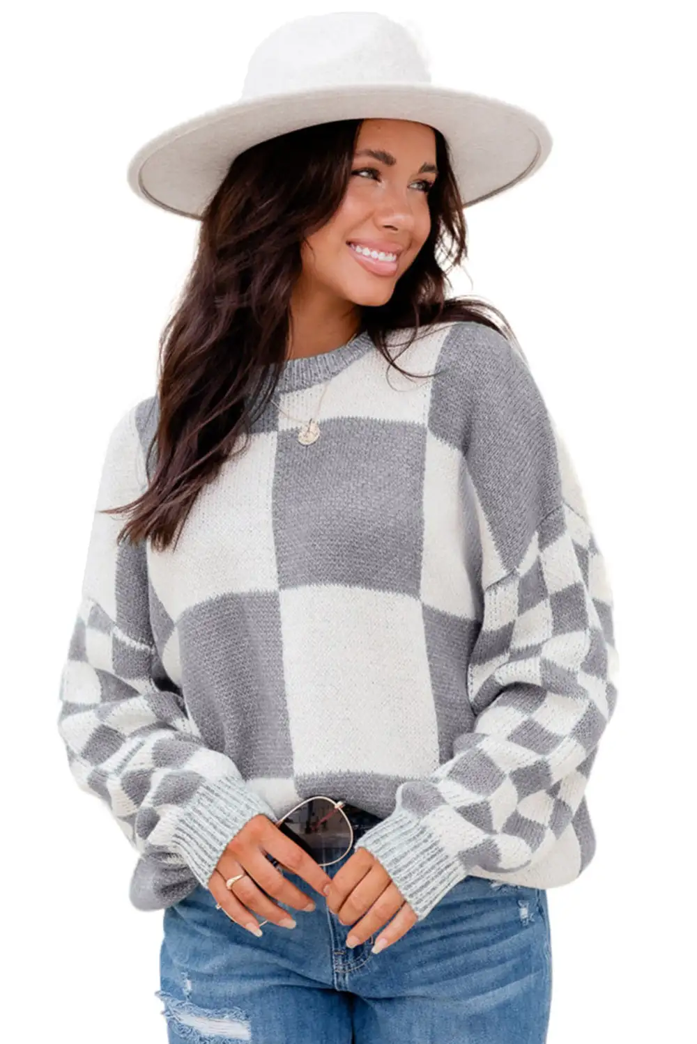 Checkered Print Drop Shoulder Sweater