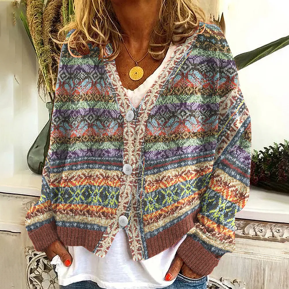 Retro Ethnic Jacquard Contrast Button Cardigan