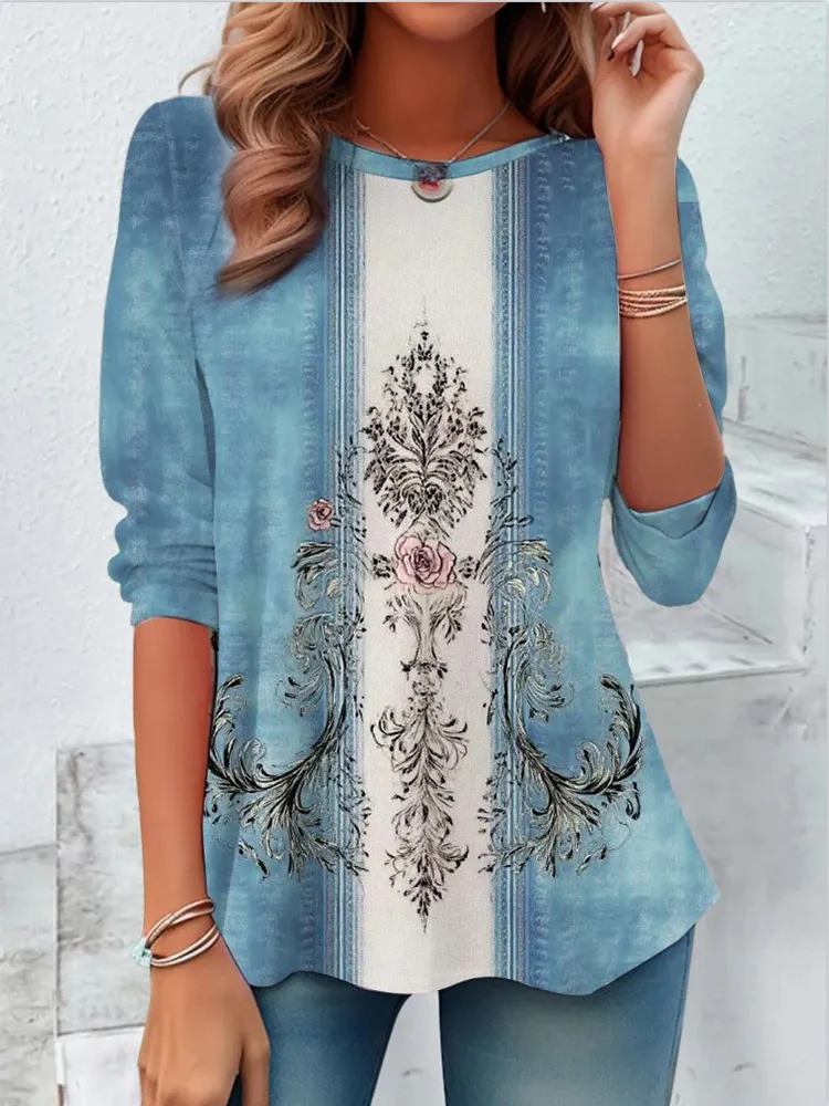 Women'S Ethnic Print Round Neck T-Shirt