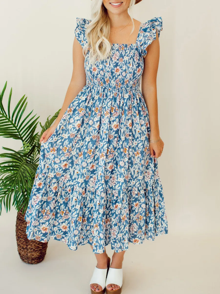 Floral pleated mid length dress