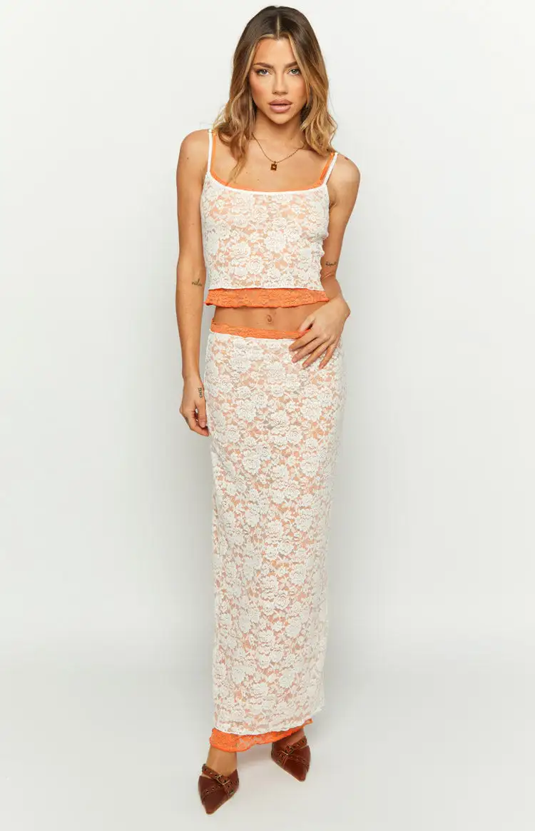 Willow Orange Contrast Lace Midi Skirt