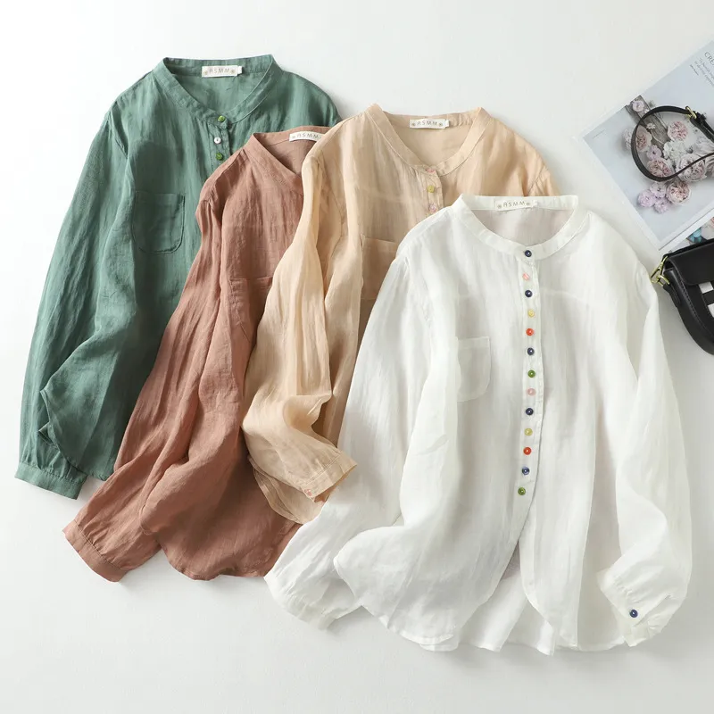 Art retro cotton linen color button irregular shirt