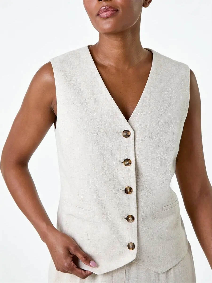 Natural Linen Blend Button Through Waistcoat