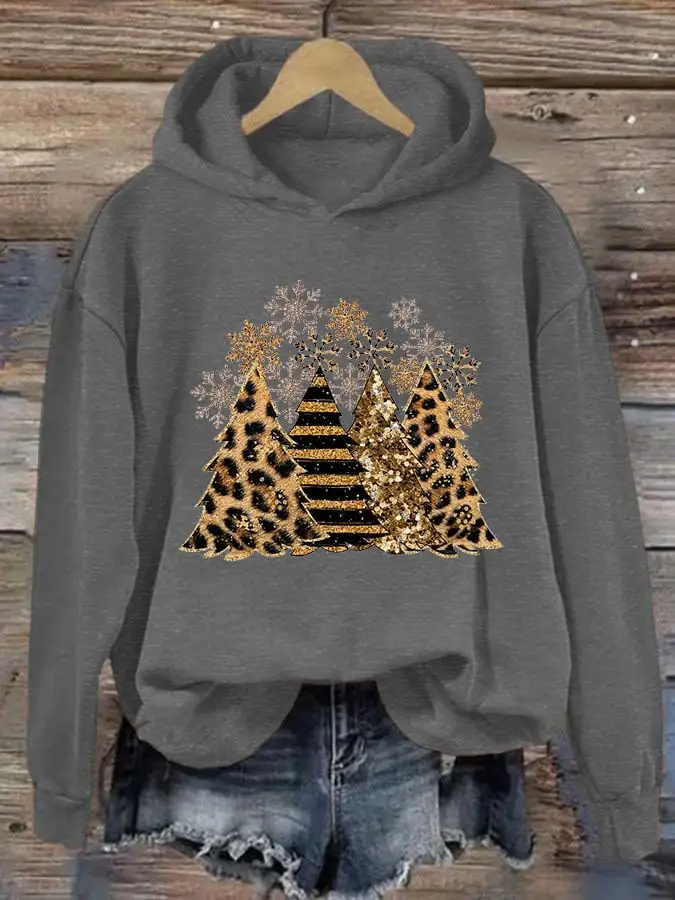 Women's Leopard Stripe Christmas Tree Print Casual Hooded Sweatshirt