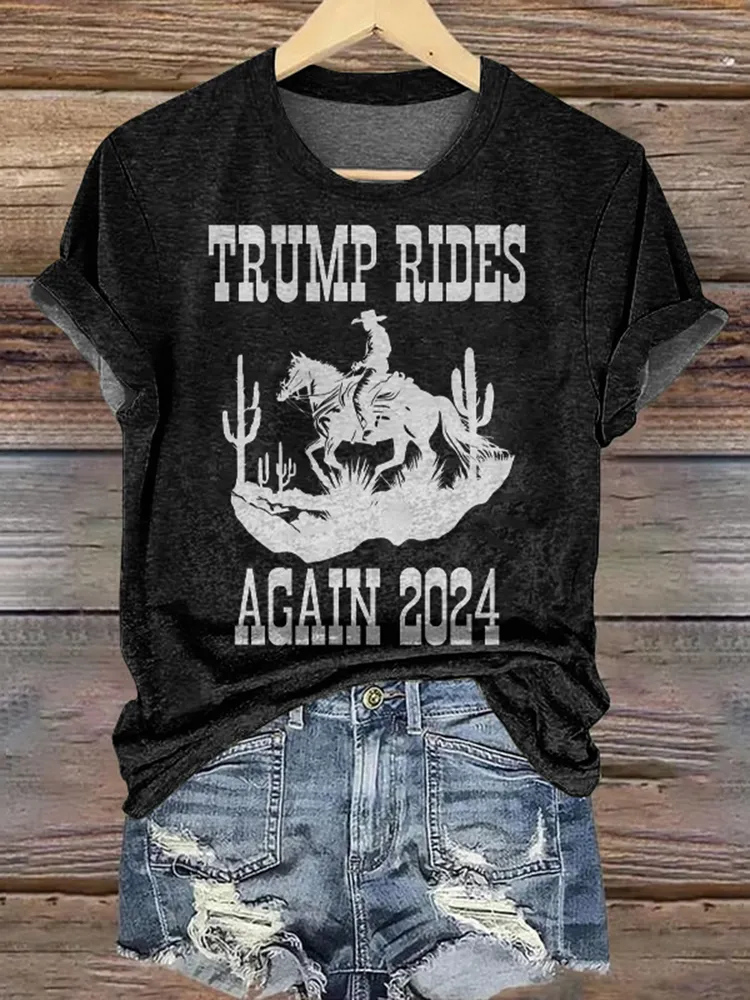 Women's Western Trump Ride Again Maga 2024 Print T-Shirt