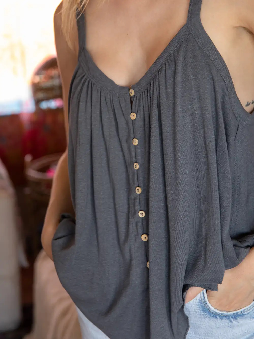 Relaxed Button Down Tank Top - Charcoal