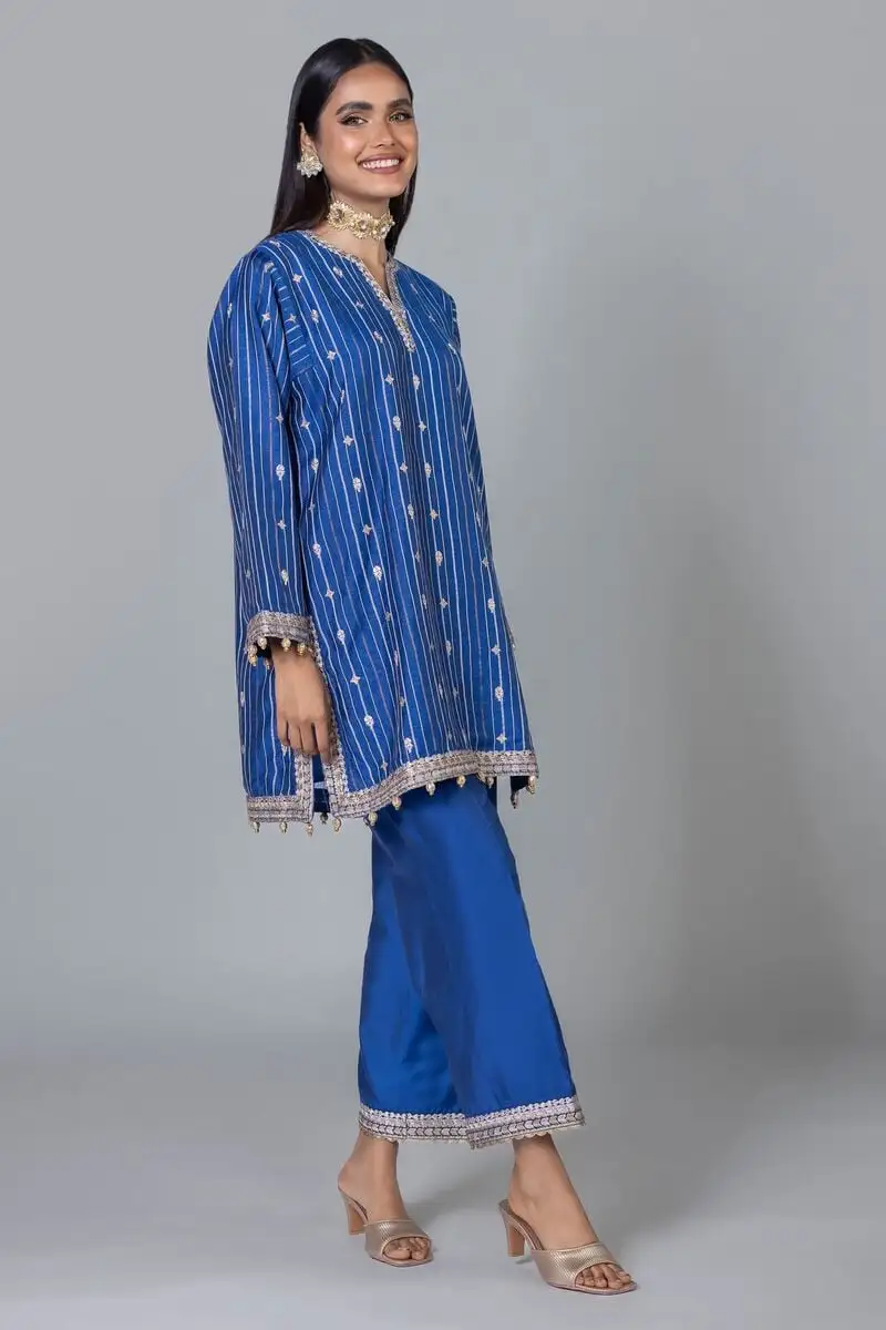 3 Piece Kurta Embroidered | Dupatta& Bottom & Tops | Color Navy blue