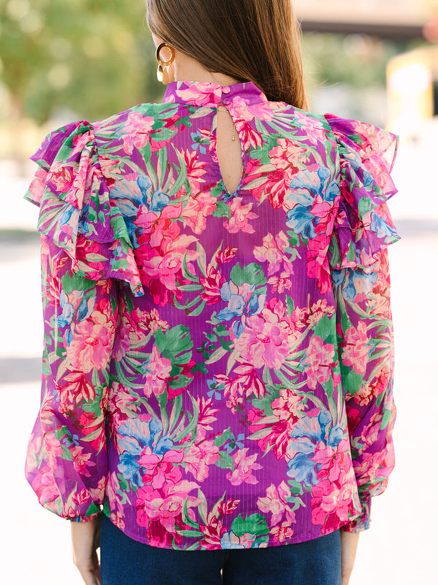 Half Stand Neck Purple Floral Blouse