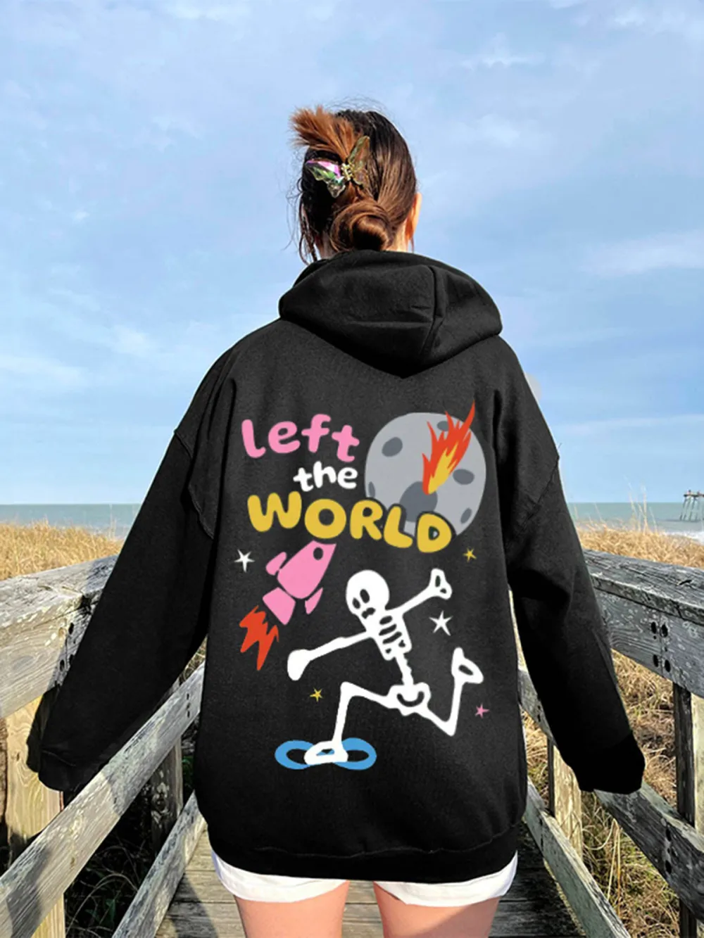 LEFT THE WORLD PATTERN PRINTED HOODIE