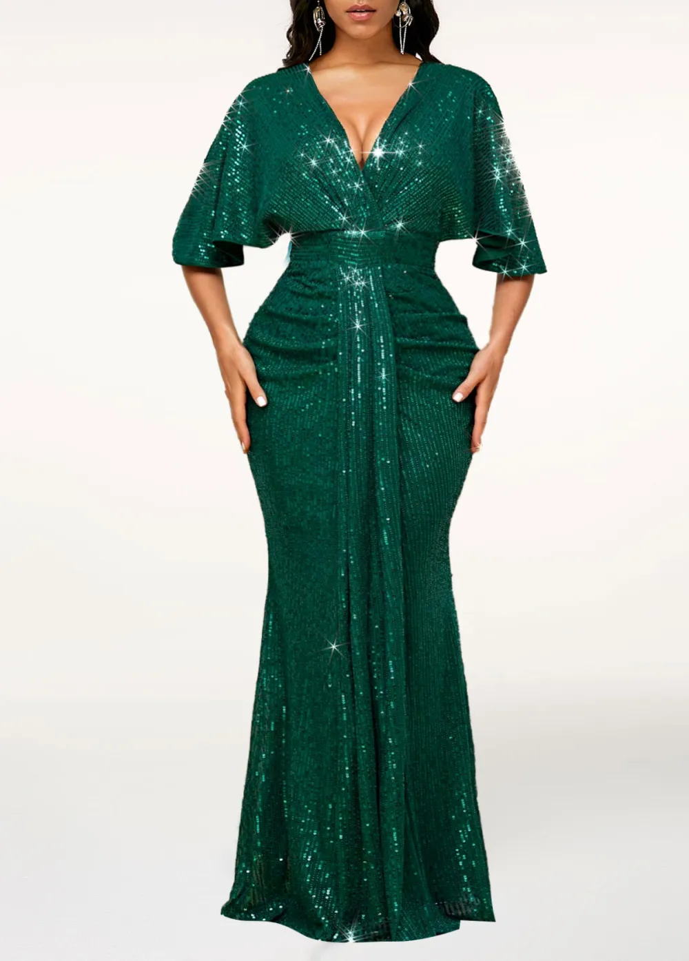 Sequin V Neck Blackish Green Maxi Bodycon Dress