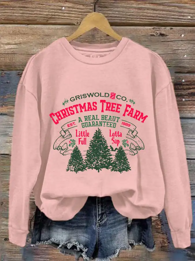 Women's Christmas Griswold Co Christmas Tree Farm Print Crew Neck Sweatshirt