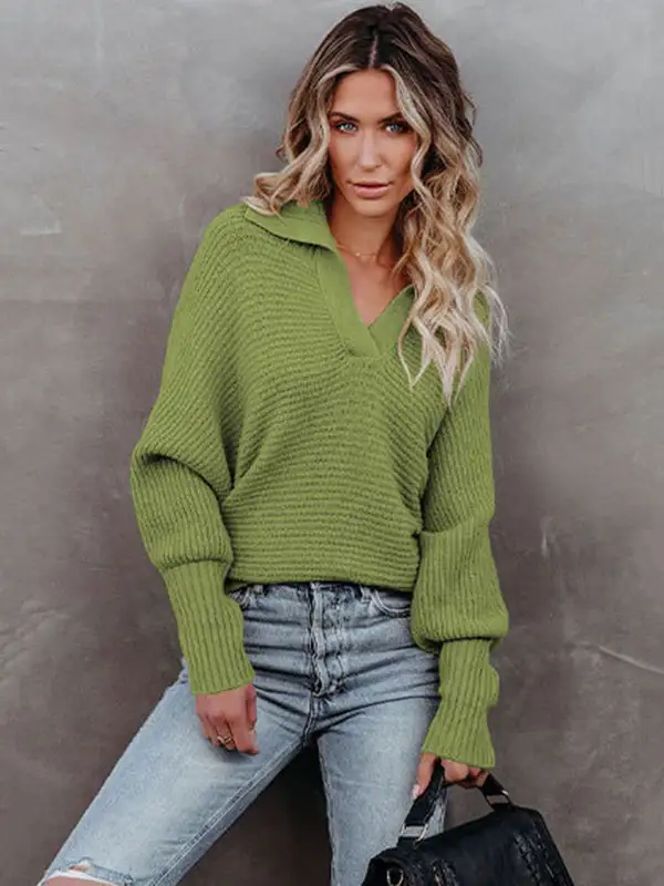 Long Sleeves Solid Color Lapel V-Neck Sweater Tops