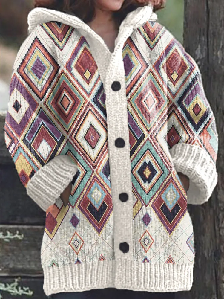 Vintage Geometric Pattern Knit Hooded Cardigan 1