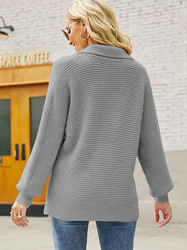 Long Sleeves Solid Color Lapel V-Neck Sweater Tops