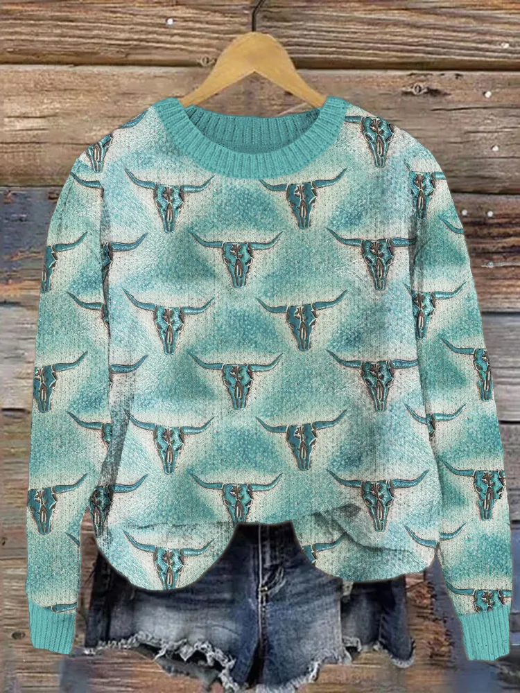 Embossed Leather Mini Longhorn Turquoise Pattern Cozy Sweater