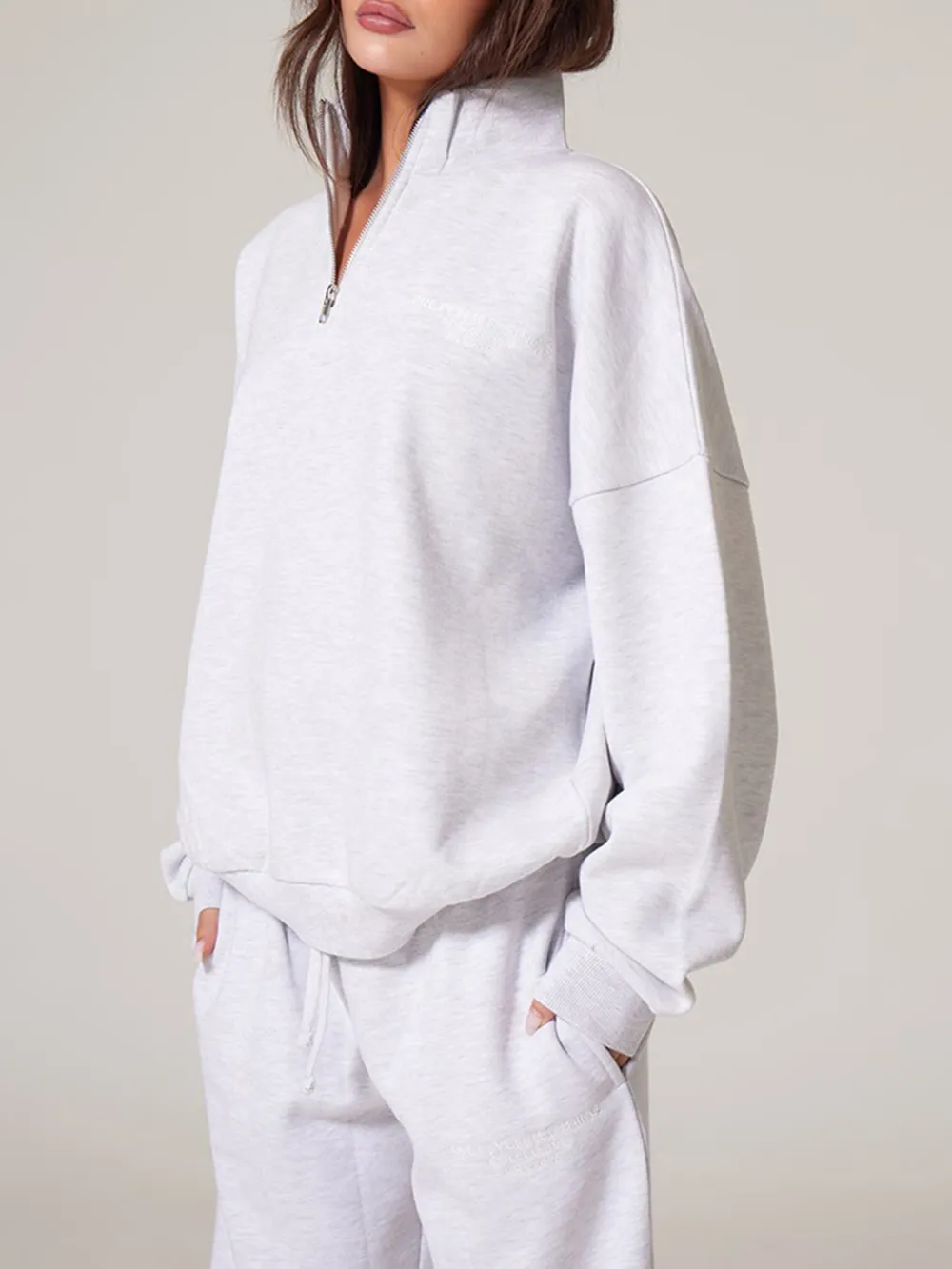 Ash Grey Premium High Neck Quarter Zip Oversized Sweatshirt