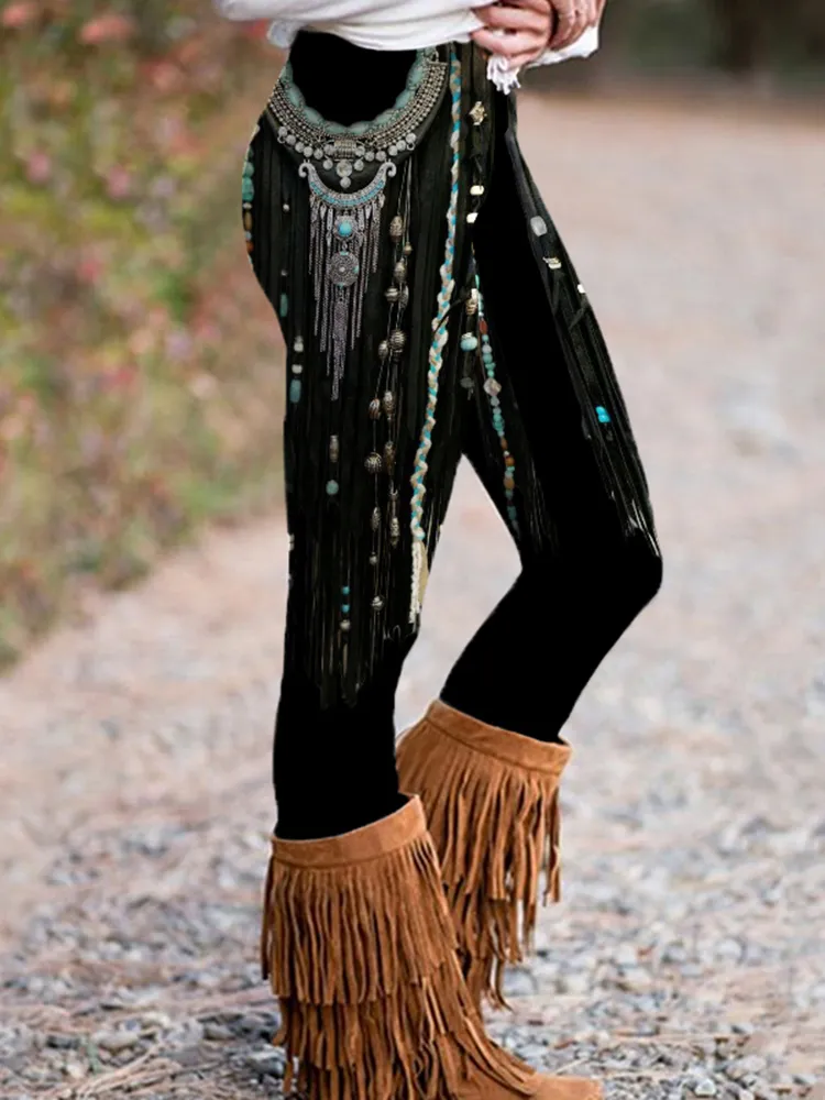 Vintage Tribal Tassels Print Casual Leggings