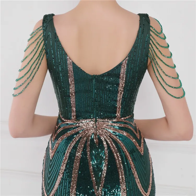 Women Summer Green Romantic V-neck Short Sleeves Sequined Mermaid Fringed Evening Dress