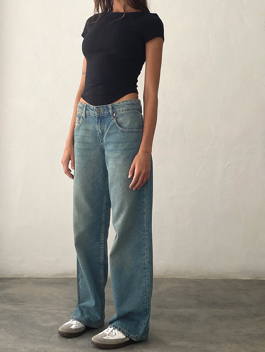 Vintage Blue Green Low Rise Parallel Jeans