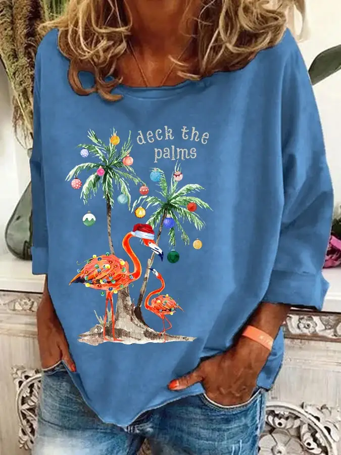 Women's Christmas Deck The Palms Print Casual Sweatshirt